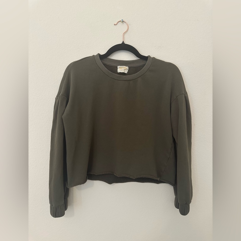 Nation Ltd Olive Green Balloon Sleeve Cropped Sweatshirt Sz S Boxy Minimalist